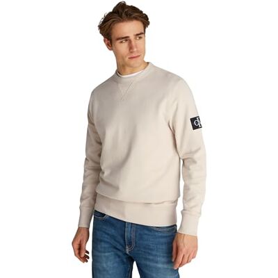 Calvin Herren Sweatshirt Badge Crew Neck aus Baumwolle, Beige (Oatmeal), XS Calvin Herren Sweatshirt Badge Crew Neck aus Baumwolle, Beige (Oatmeal), XS