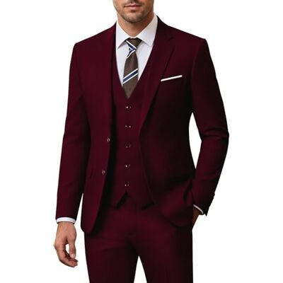 ZKHOECR Herren-Anzug-Set, 3-teilig, schmale Passform, Blazer mit Zwei Knöpfen, einfarbig, Jacke, Weste, Hose, Hochzeit, Business-Anzug, Burgunder, L ZKHOECR Herren-Anzug-Set, 3-teilig, schmale Passform, Blazer mit Zwei Knöpfen, einfarbig, Jacke, Weste, Hose, Hochzeit, Business-Anzug, Burgunder, L