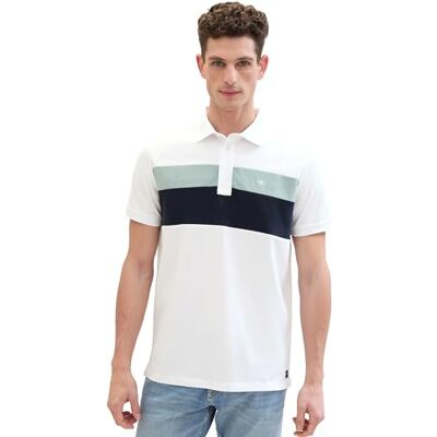 TOM TAILOR Herren Piqué Poloshirt mit Blockstreifen, 20000 White, XXL TOM TAILOR Herren Piqué Poloshirt mit Blockstreifen, 20000 White, XXL
