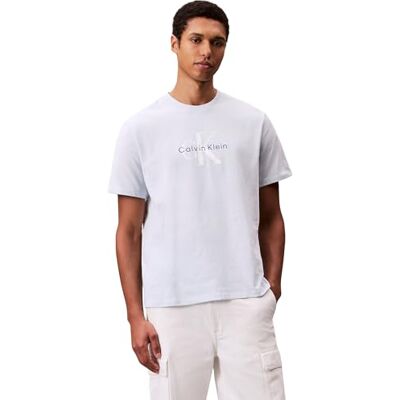Calvin Herren T-Shirt Kurzarm Monologo Tee aus Baumwolle, Blau (Plein Air), M Calvin Herren T-Shirt Kurzarm Monologo Tee aus Baumwolle, Blau (Plein Air), M