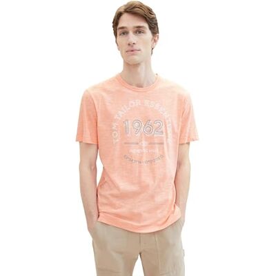 TOM TAILOR Herren Basic T-Shirt mit Logo-Print, Melon orange finestripe, XL TOM TAILOR Herren Basic T-Shirt mit Logo-Print, Melon orange finestripe, XL