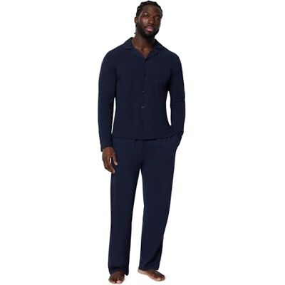 Amazon Essentials Herren-Pyjama-Set, Baumwoll-Modal, langärmelig, Button-Down-Oberteil mit Hose, Marineblau, Größe L Amazon Essentials Herren-Pyjama-Set, Baumwoll-Modal, langärmelig, Button-Down-Oberteil mit Hose, Marineblau, Größe L