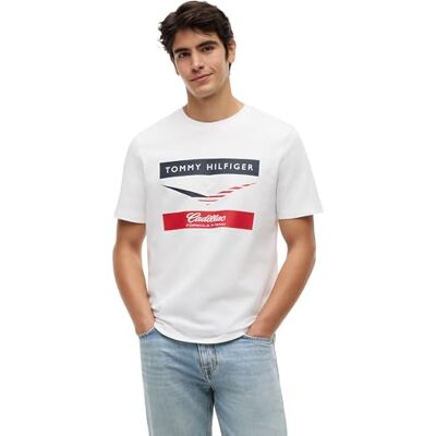 Tommy Hilfiger Unisex T-Shirt Kurzarm TH X Cadillac F1 Chevron aus Baumwolle, Weiß (White), L Tommy Hilfiger Unisex T-Shirt Kurzarm TH X Cadillac F1 Chevron aus Baumwolle, Weiß (White), L