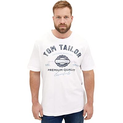 TOM TAILOR Herren Plussize T-Shirt mit Logo-Print aus Baumwolle, White, 3XL TOM TAILOR Herren Plussize T-Shirt mit Logo-Print aus Baumwolle, White, 3XL