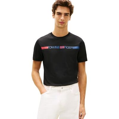 Tommy Hilfiger Herren T-Shirt Kurzarm Brand Love Stripe aus Baumwolle, Schwarz (Black), M Tommy Hilfiger Herren T-Shirt Kurzarm Brand Love Stripe aus Baumwolle, Schwarz (Black), M