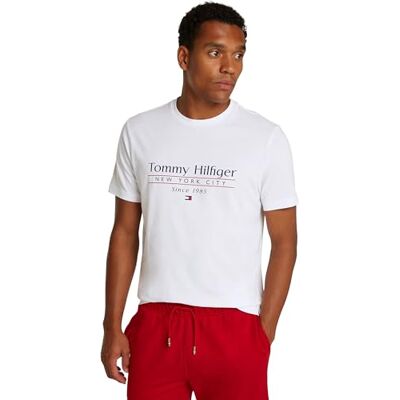 Tommy Hilfiger Herren T-Shirt Kurzarm Center Stack Tee mit Rundhalsausschnitt, Weiß (White), XS Tommy Hilfiger Herren T-Shirt Kurzarm Center Stack Tee mit Rundhalsausschnitt, Weiß (White), XS