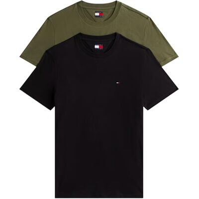 Tommy Jeans Herren 2er Pack T-Shirts Kurzarm Xslim Jersey aus Baumwolle, Mehrfarbig (Black/Dark Greenery), M Tommy Jeans Herren 2er Pack T-Shirts Kurzarm Xslim Jersey aus Baumwolle, Mehrfarbig (Black/Dark Greenery), M