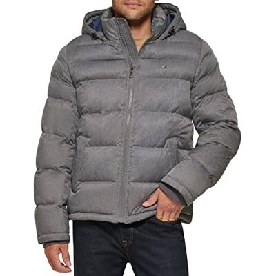 Tommy Hilfiger Herren Down Alternative Hooded Jacket (Standard and Big & Tall) Puffer Jacke mit Kapuze, Meliert, Grau, XS Tommy Hilfiger Herren Down Alternative Hooded Jacket (Standard and Big & Tall) Puffer Jacke mit Kapuze, Meliert, Grau, XS
