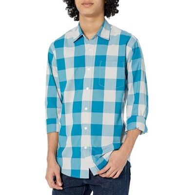 Amazon Essentials Herren Langärmeliges Business Hemd aus Popeline, Normale Passform, Teal Buffalo Check, M Amazon Essentials Herren Langärmeliges Business Hemd aus Popeline, Normale Passform, Teal Buffalo Check, M