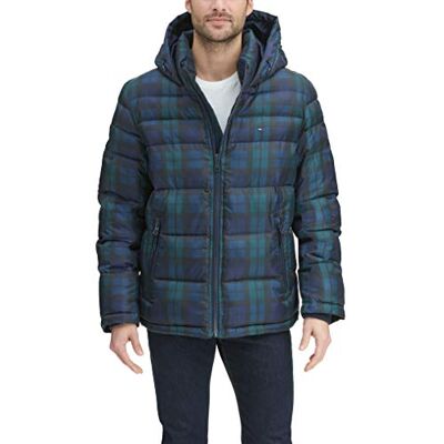 Tommy Hilfiger Herren Hooded Puffer Jacket Daunenalternativer Mantel, Black Watch Plaid, M Tommy Hilfiger Herren Hooded Puffer Jacket Daunenalternativer Mantel, Black Watch Plaid, M