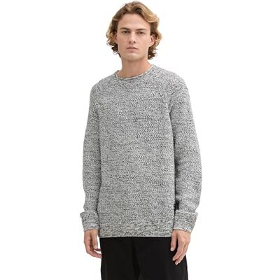 TOM TAILOR Denim Herren Crewneck Strickpullover, 36873 White Black Structure Mix, L TOM TAILOR Denim Herren Crewneck Strickpullover, 36873 White Black Structure Mix, L