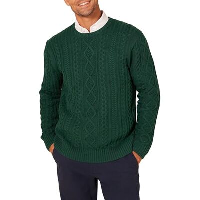 Amazon Essentials Herren Pullover mit Langen Ärmeln und Rundhalsausschnitt aus 100% Baumwolle mit Zopfmuster, Dunkelgrün, S Amazon Essentials Herren Pullover mit Langen Ärmeln und Rundhalsausschnitt aus 100% Baumwolle mit Zopfmuster, Dunkelgrün, S
