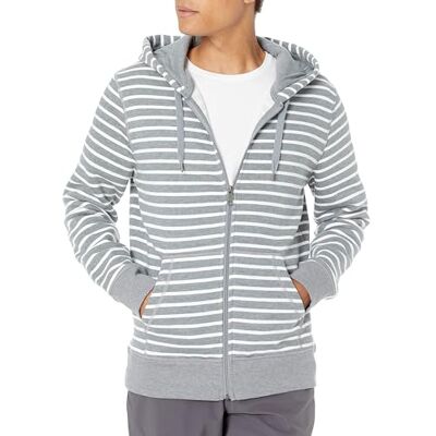 Amazon Essentials Men's Patterned Full-Zip Hooded Fleece Sweatshirt, Grey Heather Stripe, Small Amazon Essentials Men's Patterned Full-Zip Hooded Fleece Sweatshirt, Grey Heather Stripe, Small