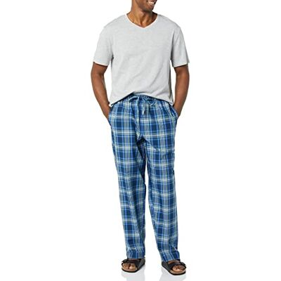 Amazon Essentials Herren Pyjama-Set aus Baumwoll-Stretch-Popeline-Hose und Baumwoll-Jersey-T-Shirt, Grau Meliert/Marineblau Karomuster, S Amazon Essentials Herren Pyjama-Set aus Baumwoll-Stretch-Popeline-Hose und Baumwoll-Jersey-T-Shirt, Grau Meliert/Marineblau Karomuster, S