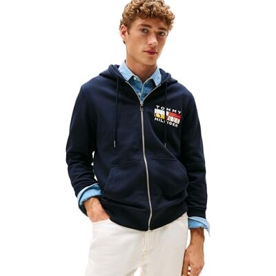 Tommy Hilfiger Herren Hoodie mit Reißverschluss Colour Flag Zip Through mit Logo, Blau (Desert Sky), M Tommy Hilfiger Herren Hoodie mit Reißverschluss Colour Flag Zip Through mit Logo, Blau (Desert Sky), M