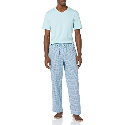 Amazon Essentials Herren Pyjama-Set aus Baumwoll-Stretch-Popeline-Hose und Baumwoll-Jersey-T-Shirt, Hellblau Geometrisches Muster, XS Amazon Essentials Herren Pyjama-Set aus Baumwoll-Stretch-Popeline-Hose und Baumwoll-Jersey-T-Shirt, Hellblau Geometrisches Muster, XS