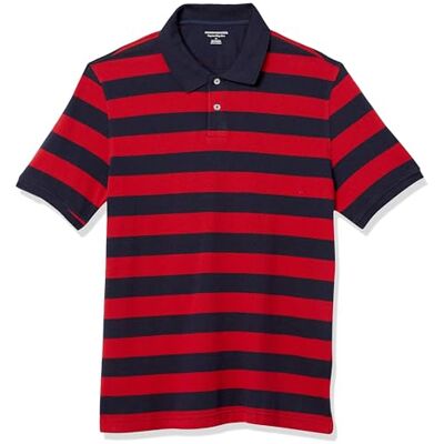 Amazon Essentials Herren-Poloshirt aus Baumwoll-Piqué, normale Passform, Größe L, Marineblau / Rot, gestreift, Größe L Amazon Essentials Herren-Poloshirt aus Baumwoll-Piqué, normale Passform, Größe L, Marineblau / Rot, gestreift, Größe L