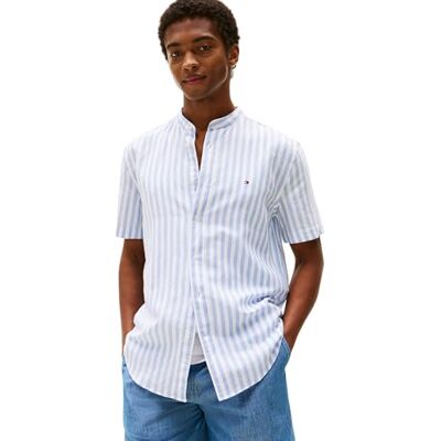 Tommy Hilfiger Herren Hemd Linen Blend Mao mit Grandad-Kragen, Mehrfarbig (Breezy Blue/White), S Tommy Hilfiger Herren Hemd Linen Blend Mao mit Grandad-Kragen, Mehrfarbig (Breezy Blue/White), S