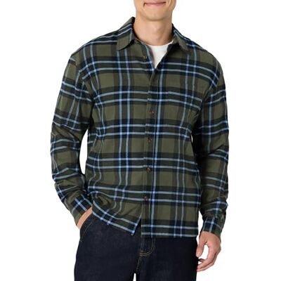 Amazon Essentials Herren Langärmliges Relaxed-Fit-Flanellhemd, Dunkles Olivgrün Blau Einfaches Plaid, L Amazon Essentials Herren Langärmliges Relaxed-Fit-Flanellhemd, Dunkles Olivgrün Blau Einfaches Plaid, L