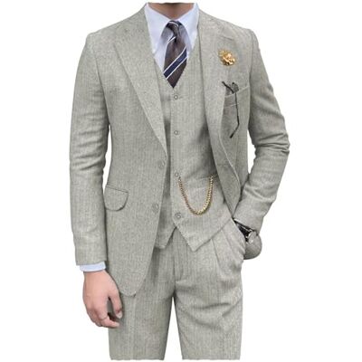 Pyiuhs Retro-Herrenanzug, 3-teilig, Tweed, Fischgrätenmuster, schmale Passform, Anzüge für Bräutigam, Smoking-Set, Balljacke, Blazer, Weste, Hose für Herren, Hellgrau, L Pyiuhs Retro-Herrenanzug, 3-teilig, Tweed, Fischgrätenmuster, schmale Passform, Anzüge für Bräutigam, Smoking-Set, Balljacke, Blazer, Weste, Hose für Herren, Hellgrau, L