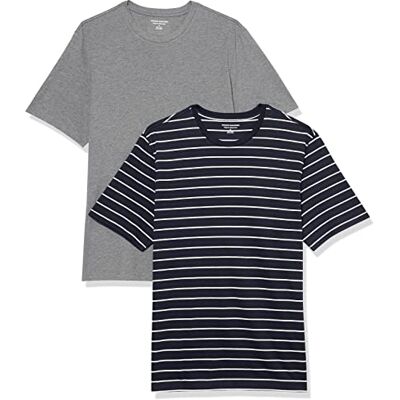 Amazon Essentials Herren Kurzärmeliges T-Shirt mit Rundhalsausschnitt aus Baumwolle – Regular Fit, 2er-Pack, Grau Meliert/Marineblau Streifen, XL Amazon Essentials Herren Kurzärmeliges T-Shirt mit Rundhalsausschnitt aus Baumwolle – Regular Fit, 2er-Pack, Grau Meliert/Marineblau Streifen, XL