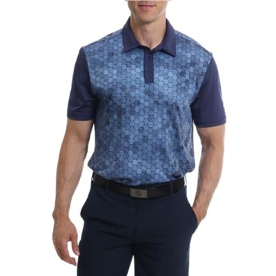 Under Par Herren Feuchtigkeitsableitendes, schnell trocknendes, elastisches Golf-Poloshirt mit kurzen Ärmeln und durchgehendem Hexagon-Print, Marine, L Under Par Herren Feuchtigkeitsableitendes, schnell trocknendes, elastisches Golf-Poloshirt mit kurzen Ärmeln und durchgehendem Hexagon-Print, Marine, L