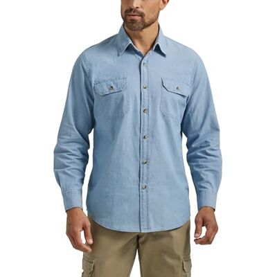 Wrangler Authentics Herren Langarm-Shirt. لال او ل ر ل ا ول langärmeliges Klassisches Gewebtes Hemd mit Button-Down-Kragen, Light Chambray, Groß Wrangler Authentics Herren Langarm-Shirt. لال او ل ر ل ا ول langärmeliges Klassisches Gewebtes Hemd mit Button-Down-Kragen, Light Chambray, Groß