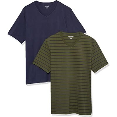 Amazon Essentials Herren T-Shirt Regular-Fit Kurzarm V-Ausschnitt (erhältlich in Big & Tall), 2er Pack, Marineblau/Oliv/Streifen, 6X-Large Big Amazon Essentials Herren T-Shirt Regular-Fit Kurzarm V-Ausschnitt (erhältlich in Big & Tall), 2er Pack, Marineblau/Oliv/Streifen, 6X-Large Big
