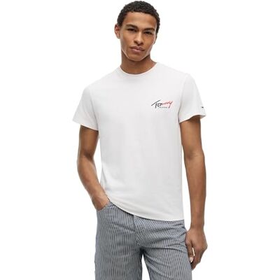 Tommy Jeans Herren T-Shirt Kurzarm Slim Sign Chest mit Logo, Elfenbein (Ancient White), L Tommy Jeans Herren T-Shirt Kurzarm Slim Sign Chest mit Logo, Elfenbein (Ancient White), L