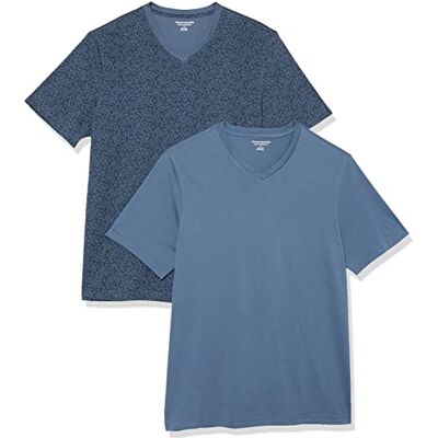 Amazon Essentials Herren T-Shirt Regular-Fit Kurzarm V-Ausschnitt (erhältlich in Big & Tall), 2er Pack, Washed Blue/Blumendruck, Small Amazon Essentials Herren T-Shirt Regular-Fit Kurzarm V-Ausschnitt (erhältlich in Big & Tall), 2er Pack, Washed Blue/Blumendruck, Small