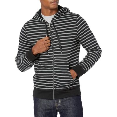 Amazon Essentials Men's Patterned Full-Zip Hooded Fleece Sweatshirt, Black Stripe, Medium Amazon Essentials Men's Patterned Full-Zip Hooded Fleece Sweatshirt, Black Stripe, Medium