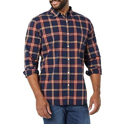 Amazon Essentials Herren Langärmeliges Hemd Aus Stretch-Popeline Mit Schlanker Passform, Marineblau Rot Karomuster, XL Amazon Essentials Herren Langärmeliges Hemd Aus Stretch-Popeline Mit Schlanker Passform, Marineblau Rot Karomuster, XL