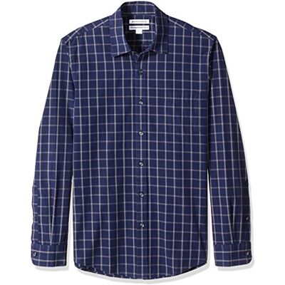 Amazon Essentials Herren Langärmeliges Business Hemd aus Popeline Schmale Passform, Marineblau Fensterkaros, M Amazon Essentials Herren Langärmeliges Business Hemd aus Popeline Schmale Passform, Marineblau Fensterkaros, M
