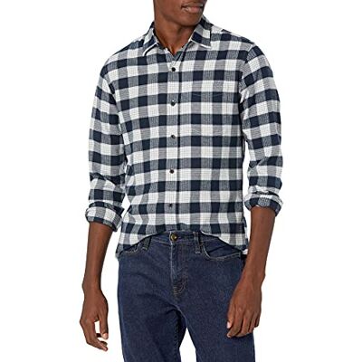Amazon Essentials Herren Langarmhemd aus Flanell (in Übergröße erhältlich), Marineblau Karomuster, S Amazon Essentials Herren Langarmhemd aus Flanell (in Übergröße erhältlich), Marineblau Karomuster, S