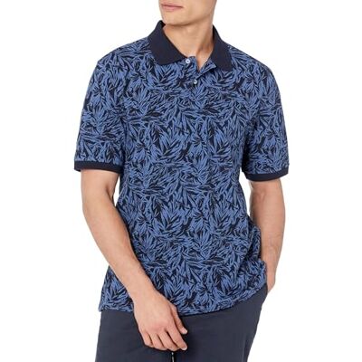 Amazon Essentials Herren-Poloshirt aus Baumwoll-Piqué, Normale Passform (erhältlich in Big & Tall), Indigo-Palmblatt-Druck, Größe L Amazon Essentials Herren-Poloshirt aus Baumwoll-Piqué, Normale Passform (erhältlich in Big & Tall), Indigo-Palmblatt-Druck, Größe L