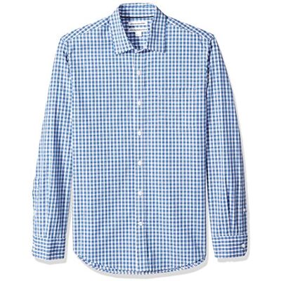 Amazon Essentials Herren Langärmeliges Business Hemd aus Popeline Schmale Passform, Blau Kariert, S Amazon Essentials Herren Langärmeliges Business Hemd aus Popeline Schmale Passform, Blau Kariert, S