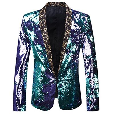 PYJTRL Herren-Blazer mit 2 Farben und glänzenden Pailletten (M, Blau + Violett) PYJTRL Herren-Blazer mit 2 Farben und glänzenden Pailletten (M, Blau + Violett)