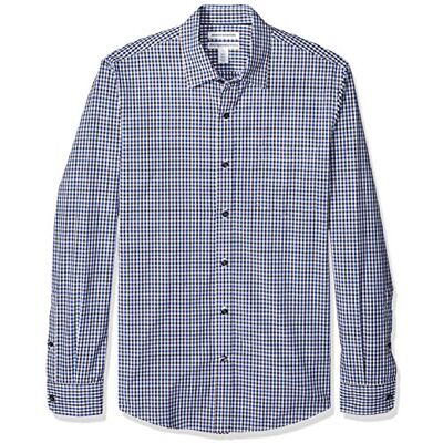 Amazon Essentials Herren Langärmeliges Business Hemd aus Popeline Schmale Passform, Schwarz Blau Vichy-muster, M Amazon Essentials Herren Langärmeliges Business Hemd aus Popeline Schmale Passform, Schwarz Blau Vichy-muster, M