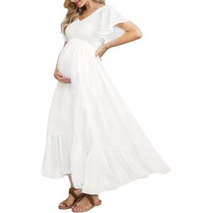 guruixu Damen Schwangerschaftsmaxikleid, Weiß, Größe L, V-Ausschnitt, Rüschenärmel, Hochtaillen-Schnitt, Einfarbig, Boho-Stil, Gesmoktes, Atmungsaktives Chiffon, Ideal für Babypartys & Fotoshootings