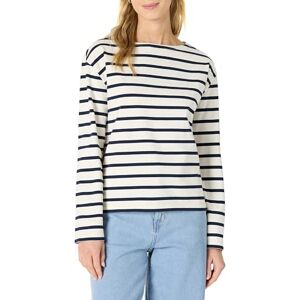 Amazon Essentials Damen-Top aus 100% Baumwolle, schwer, langärmelig, U-Boot-Ausschnitt, Eierschalenweiß, Marineblau, gestreift, Größe S