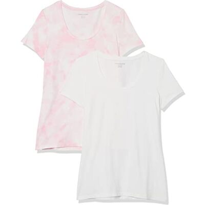 Amazon Essentials Damen Kurzärmeliges T-Shirt mit U-Ausschnitt (erhältlich in Übergröße), normale Passform, 2er-Pack, Rosa Batik/Weiß, Größe L Amazon Essentials Damen Kurzärmeliges T-Shirt mit U-Ausschnitt (erhältlich in Übergröße), normale Passform, 2er-Pack, Rosa Batik/Weiß, Größe L