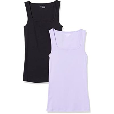 Amazon Essentials Damen Schmal Geschnittenes Tanktop Mit Quadratischem Ausschnitt, 2er-Pack, Schwarz/Lavendel, S Amazon Essentials Damen Schmal Geschnittenes Tanktop Mit Quadratischem Ausschnitt, 2er-Pack, Schwarz/Lavendel, S