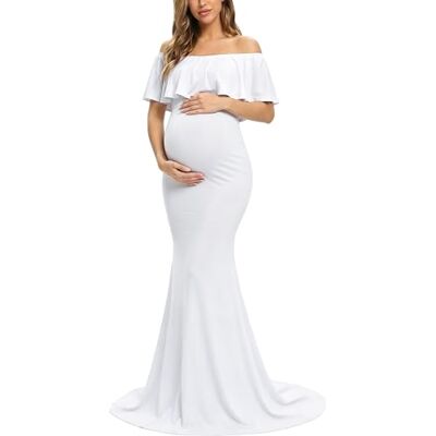 Glampunch Damen Schulterfreies Umstandskleid Rüschen Elegant Slim Kleider Fit Maxi Fotografie Kleid Wei Mittel Glampunch Damen Schulterfreies Umstandskleid Rüschen Elegant Slim Kleider Fit Maxi Fotografie Kleid Wei Mittel