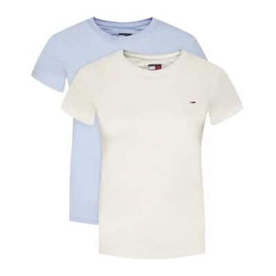 Tommy Jeans Damen 2er Pack T-Shirts Kurzarm mit Rundhalsausschnitt, Mehrfarbig (Ecru/Sweet Blue), XXS Tommy Jeans Damen 2er Pack T-Shirts Kurzarm mit Rundhalsausschnitt, Mehrfarbig (Ecru/Sweet Blue), XXS