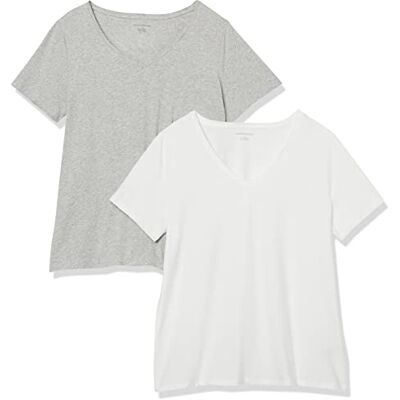 Amazon Essentials Damen Plus Size V-Ausschnitt T-Shirt mit Kurzen Ärmeln, Klassische Passform, 2er-Pack, Weiß/Hellgrau Meliert, 3XL Große Größen Amazon Essentials Damen Plus Size V-Ausschnitt T-Shirt mit Kurzen Ärmeln, Klassische Passform, 2er-Pack, Weiß/Hellgrau Meliert, 3XL Große Größen