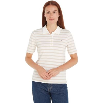 Tommy Hilfiger Damen Poloshirt Kurzarm Stripe Slim Fit, Weiß (Breton STP/Ecru/Classic Beige), XS Tommy Hilfiger Damen Poloshirt Kurzarm Stripe Slim Fit, Weiß (Breton STP/Ecru/Classic Beige), XS