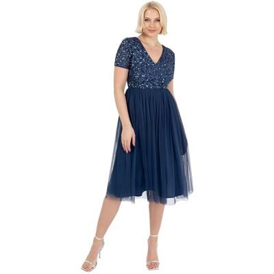 Maya Deluxe Damen Embellished Midi Evening Dress for Women Ladies V Neckline with Short Sleeve for Prom Wedding Brautjungfernkleid, French Navy, Maya Deluxe Damen Embellished Midi Evening Dress for Women Ladies V Neckline with Short Sleeve for Prom Wedding Brautjungfernkleid, French Navy,