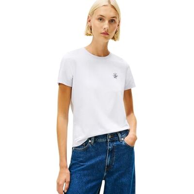 Tommy Hilfiger Damen T-Shirt Kurzarm Script Regular Fit, Blau (Morning Sky Blue), XXS Tommy Hilfiger Damen T-Shirt Kurzarm Script Regular Fit, Blau (Morning Sky Blue), XXS