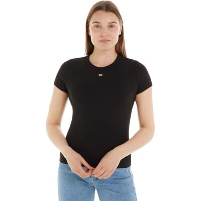 Tommy Jeans Damen T-Shirt Kurzarm Slim Essential Rib Rundhalsausschnitt, Schwarz (Black), XXS Tommy Jeans Damen T-Shirt Kurzarm Slim Essential Rib Rundhalsausschnitt, Schwarz (Black), XXS