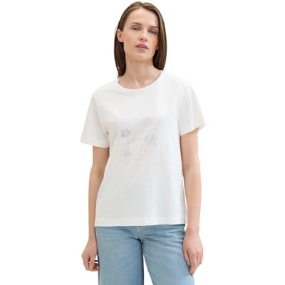 TOM TAILOR Damen Basic T-Shirt mit Print, Soft Clear White, XXXL TOM TAILOR Damen Basic T-Shirt mit Print, Soft Clear White, XXXL